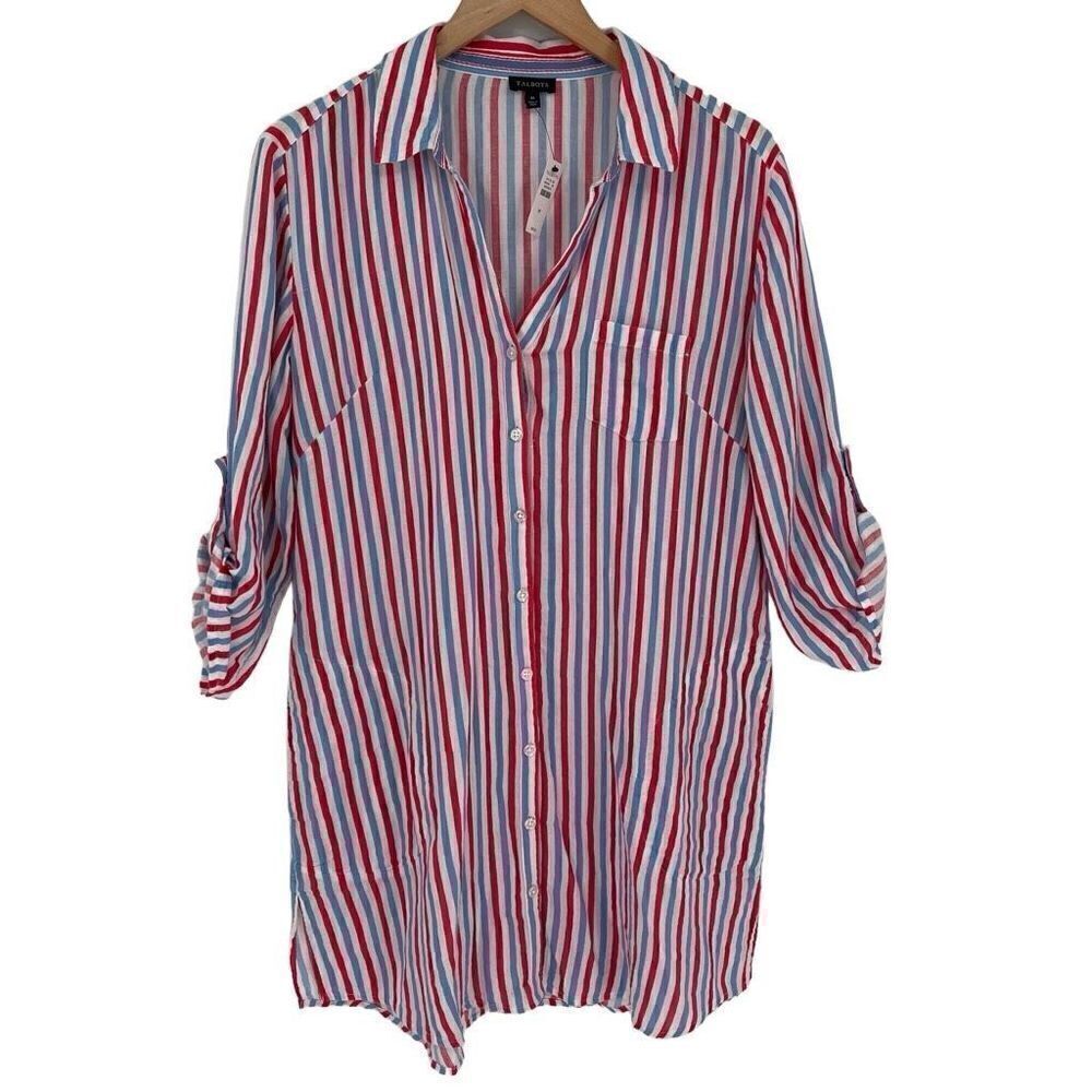Talbots Roll Tab Sleeve Swim Coverup Soft Beach Women Medium White Blue Red